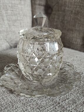 Vintage Austrian Clear Crystal Sugar Bowl with Lid and Matching Saucer Tea Caddy